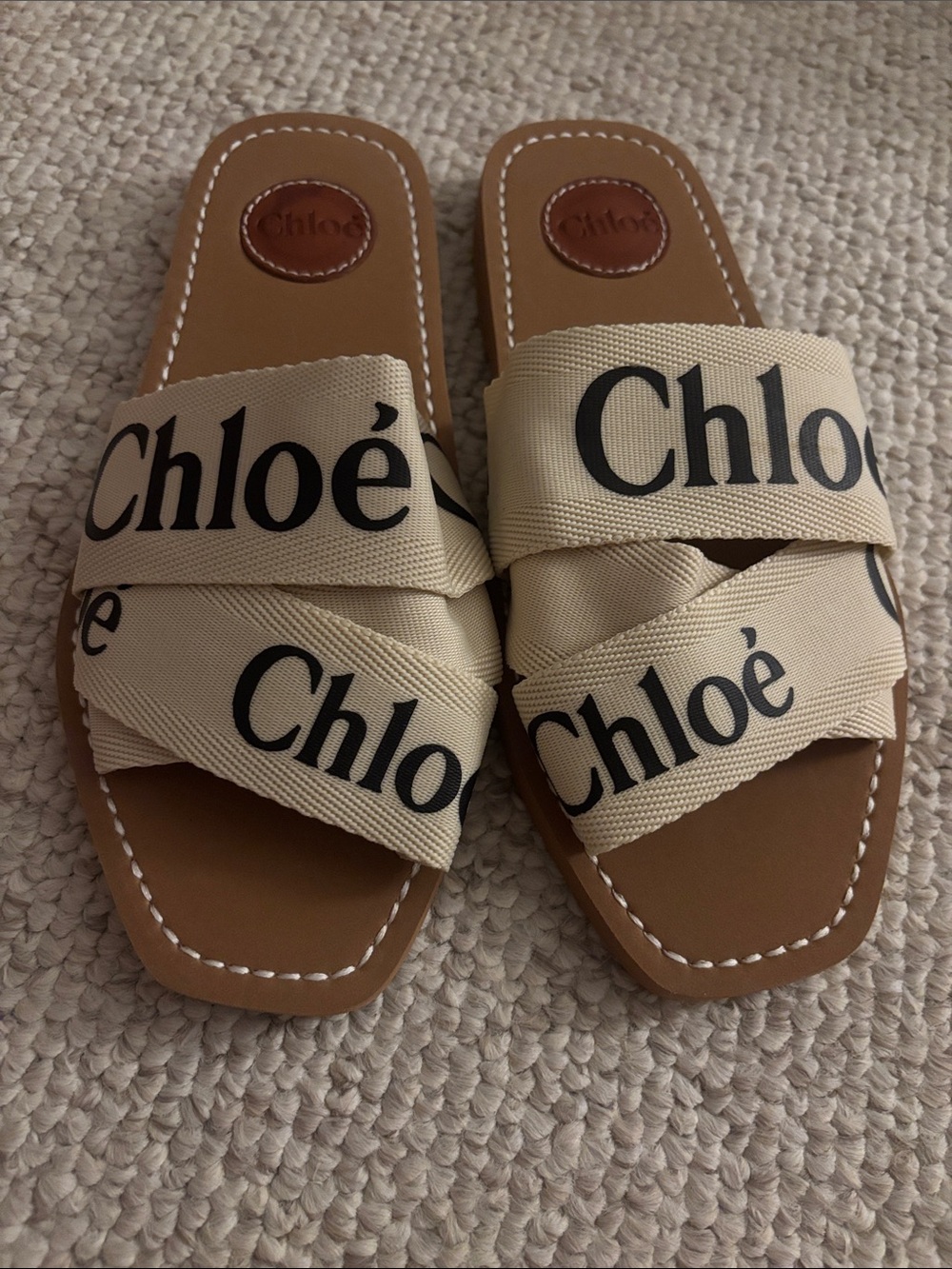 Chloé Beige Logo Canvas Slide Sandals